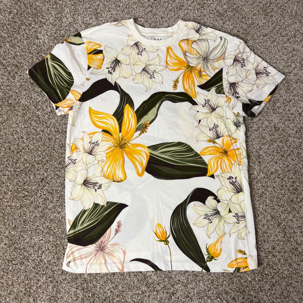 Guess Los Angeles Mens Floral Print T-Shirt Yellow White Green Size M